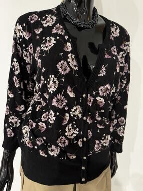 White House Black Market Cardigan XL Black Floral Button Front Rayon Blend